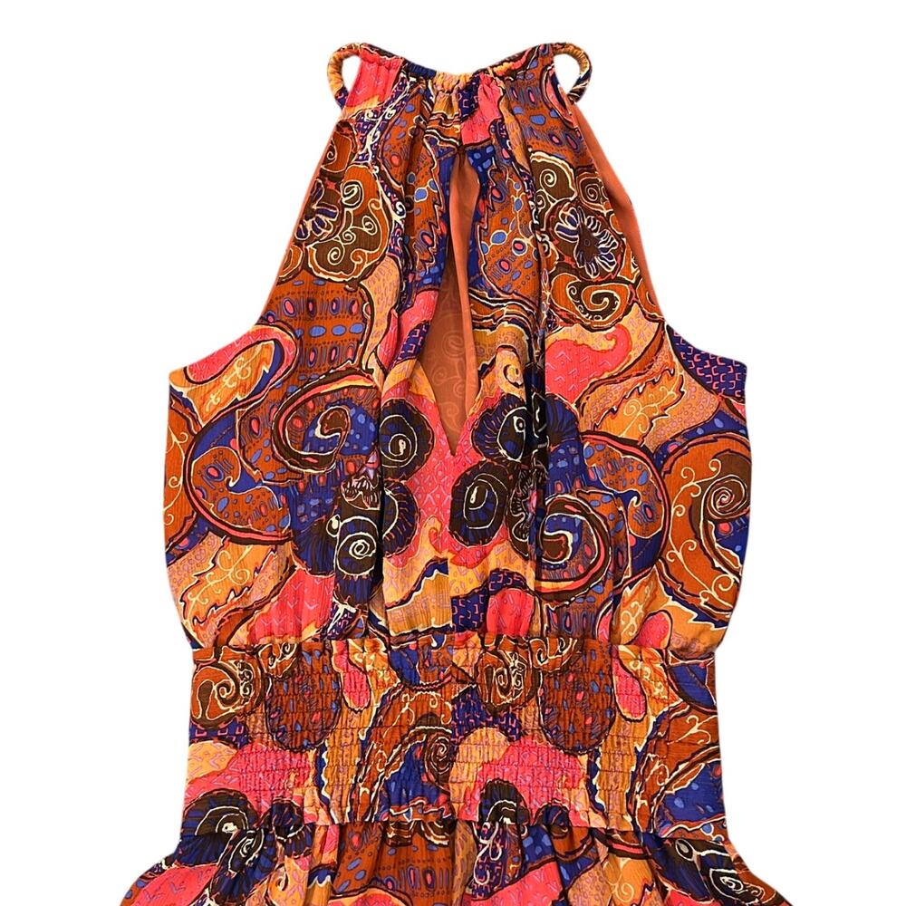 ALC Cory Dress 8 Terracotta Paisley Silk High Neck Smocked Waist Tiered Mini - Picture 5 of 15
